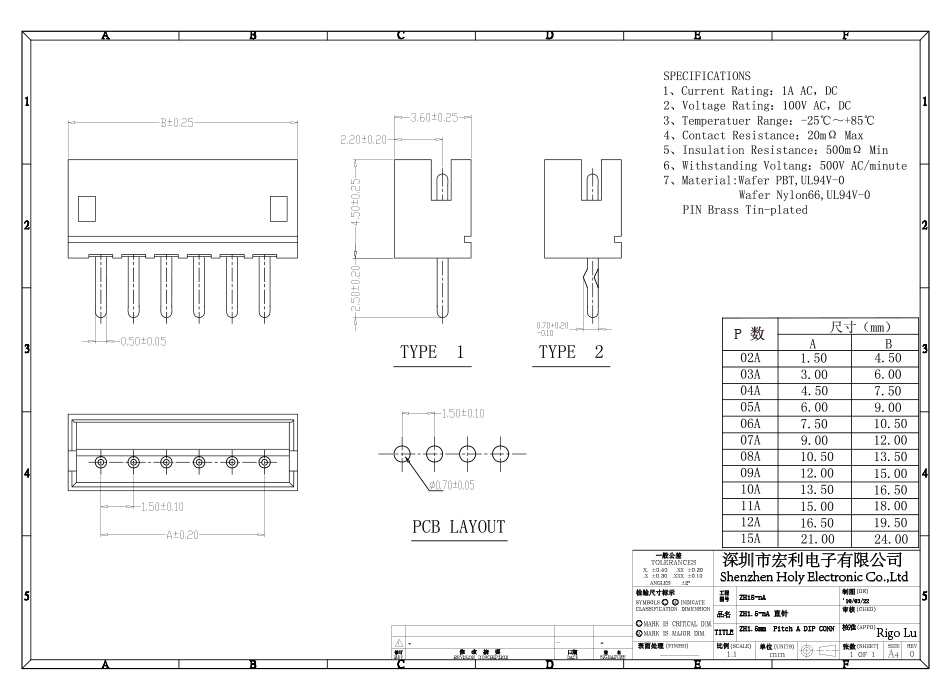 ZH1.5mm 6P 单排连接器1.5mm间距 6芯接插件 直针,91香蕉视频APP污下载